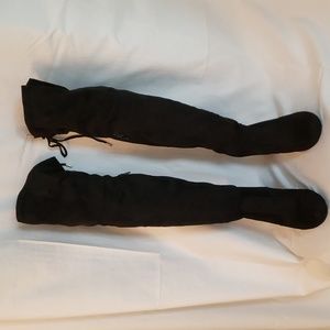 Material Girl thigh high boots size 8.5 black with rose gold plated heel